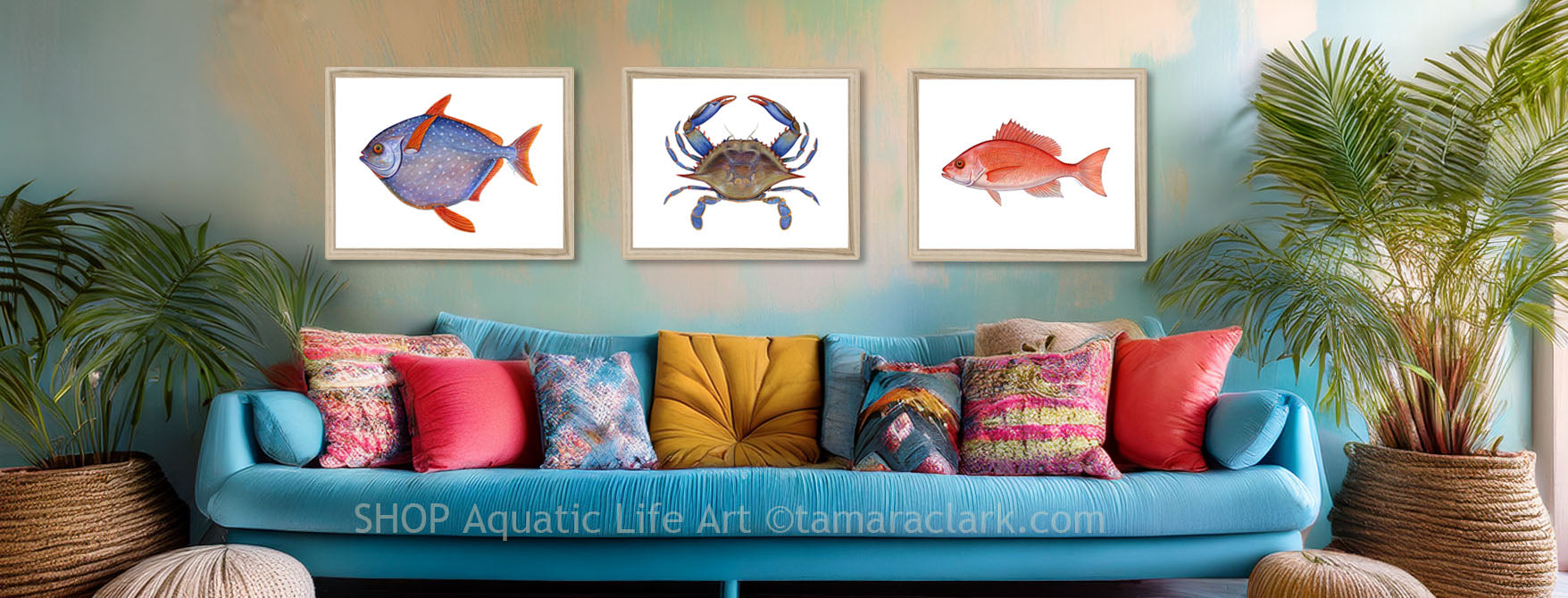 Shop marine and aquatic illustrations by Tamara Clark. Fish, crabs, lobsters, art for ocean lovers, including prints, home goods and gifts.